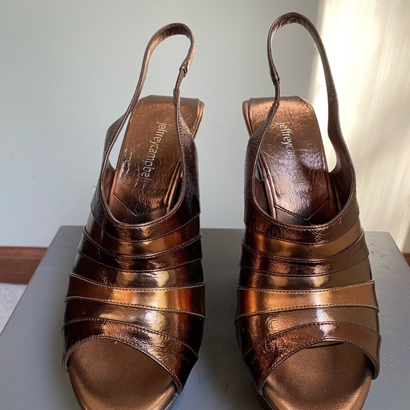 JEFFREY CAMPBELL Women Hyperspeed Metallic Wedge Sandals - NEW NWOB - Picture 1 of 9
